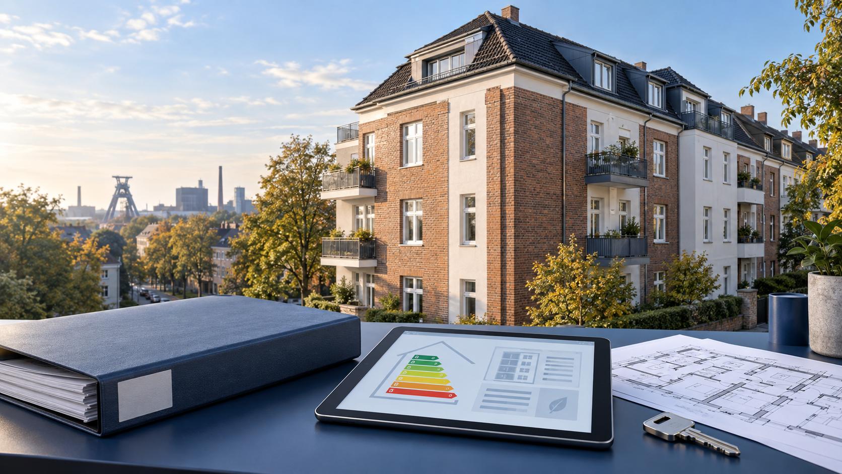 Energieausweis 2027 für ein Mehrfamilienhaus im Ruhrgebiet – Gebäudedokumente, Tablet und Energieeffizienzskala